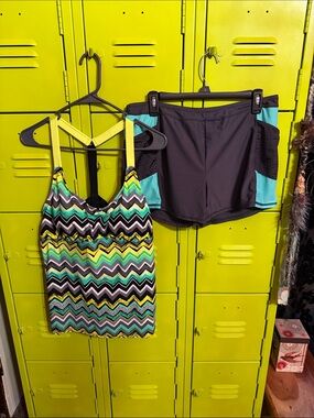 Chevron Tankini Top with Gray Swim Shorts - Multi & Gray